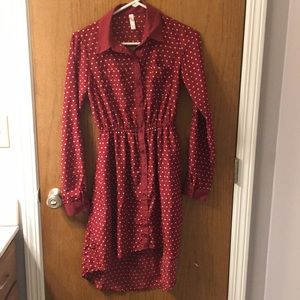 Red polka-dot button up dress.